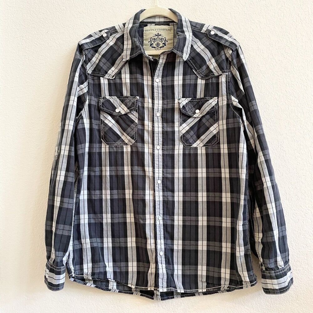 Supply Company USA Mens Western Shirt Size L Black‎ White Plaid Pearl Snaps